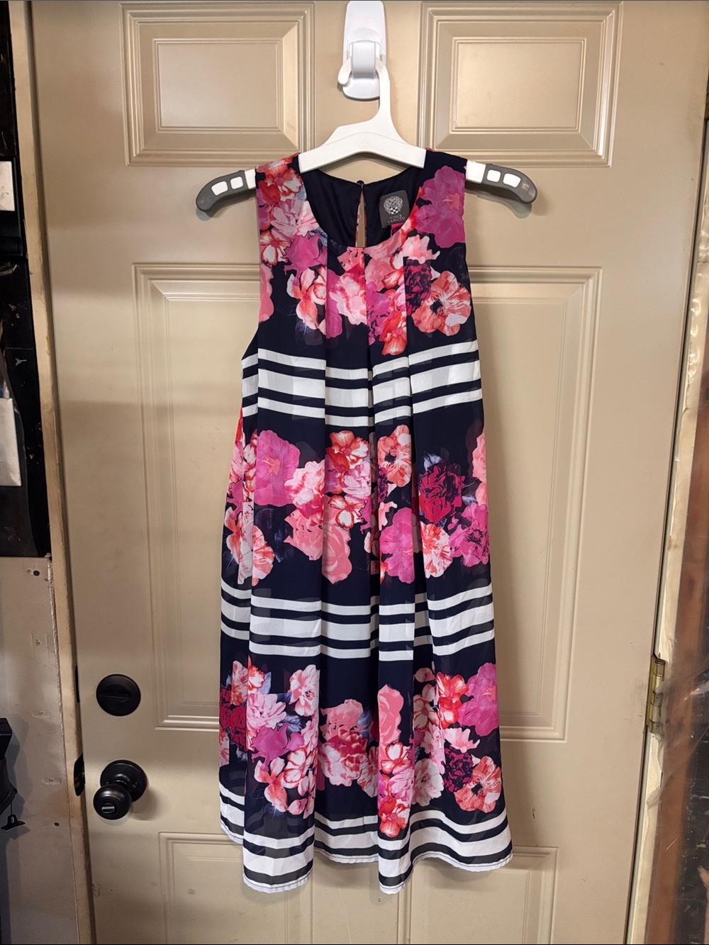 Vince Camuto Navy Midi Dress with Pink Floral and White Stripes Accent b233